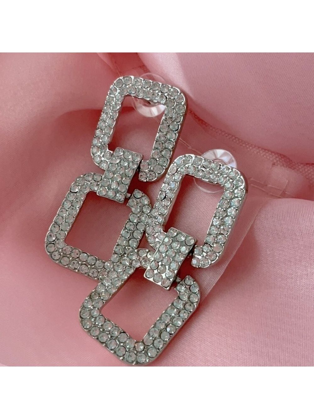 Empradda Silver Rhinestone Double Square Earrings
